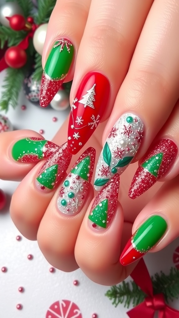 3D Christmas acrylic nails with red and green designs, glitter, and festive decorations.